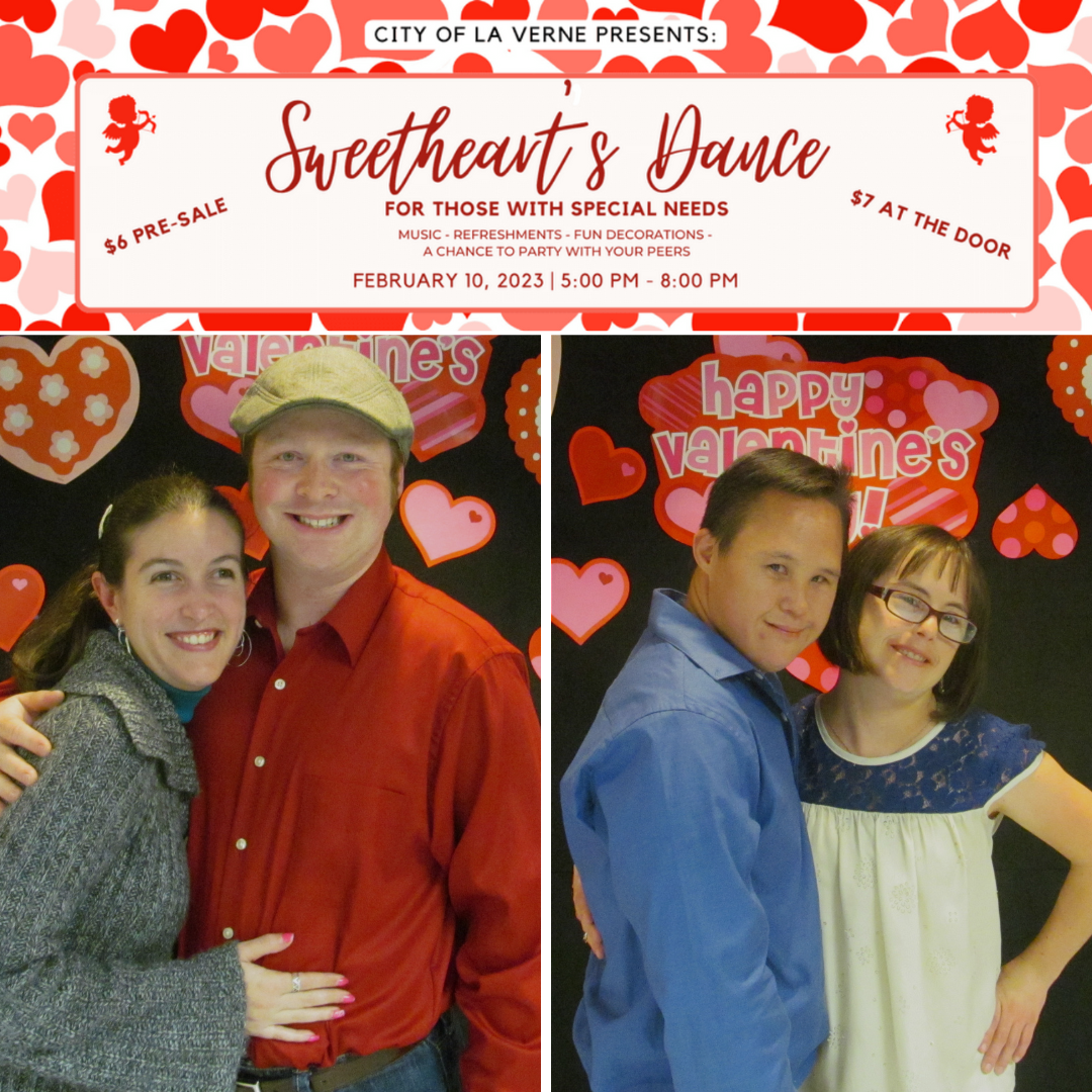 Sweetheart's Dance flyer for February 10 at the La Verne Community center with pictures of attend